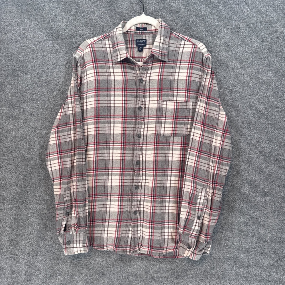 J.Crew Flannel Shirt Mens Medium Gray Red Plaid Slim Fit Button Down Casual